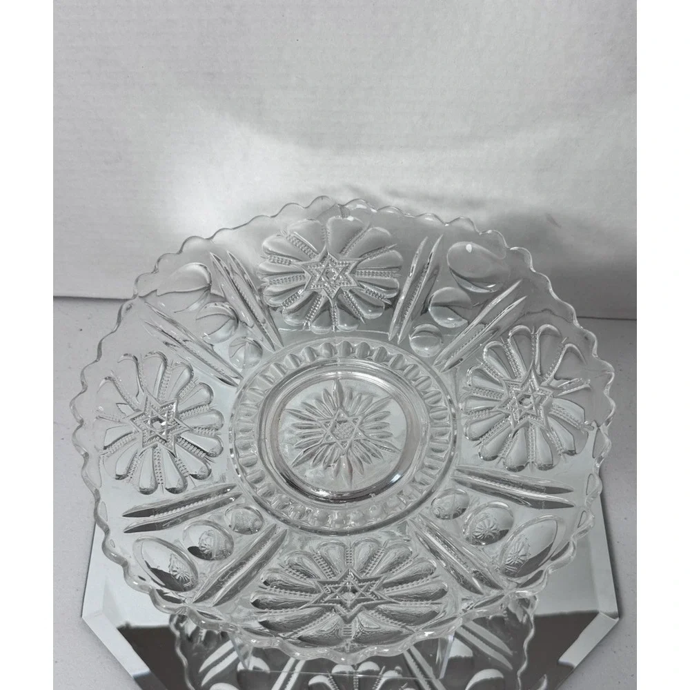 Vintage Clear Pressed Glass Cup Edge Serving Platter Star & Flower Floral Design